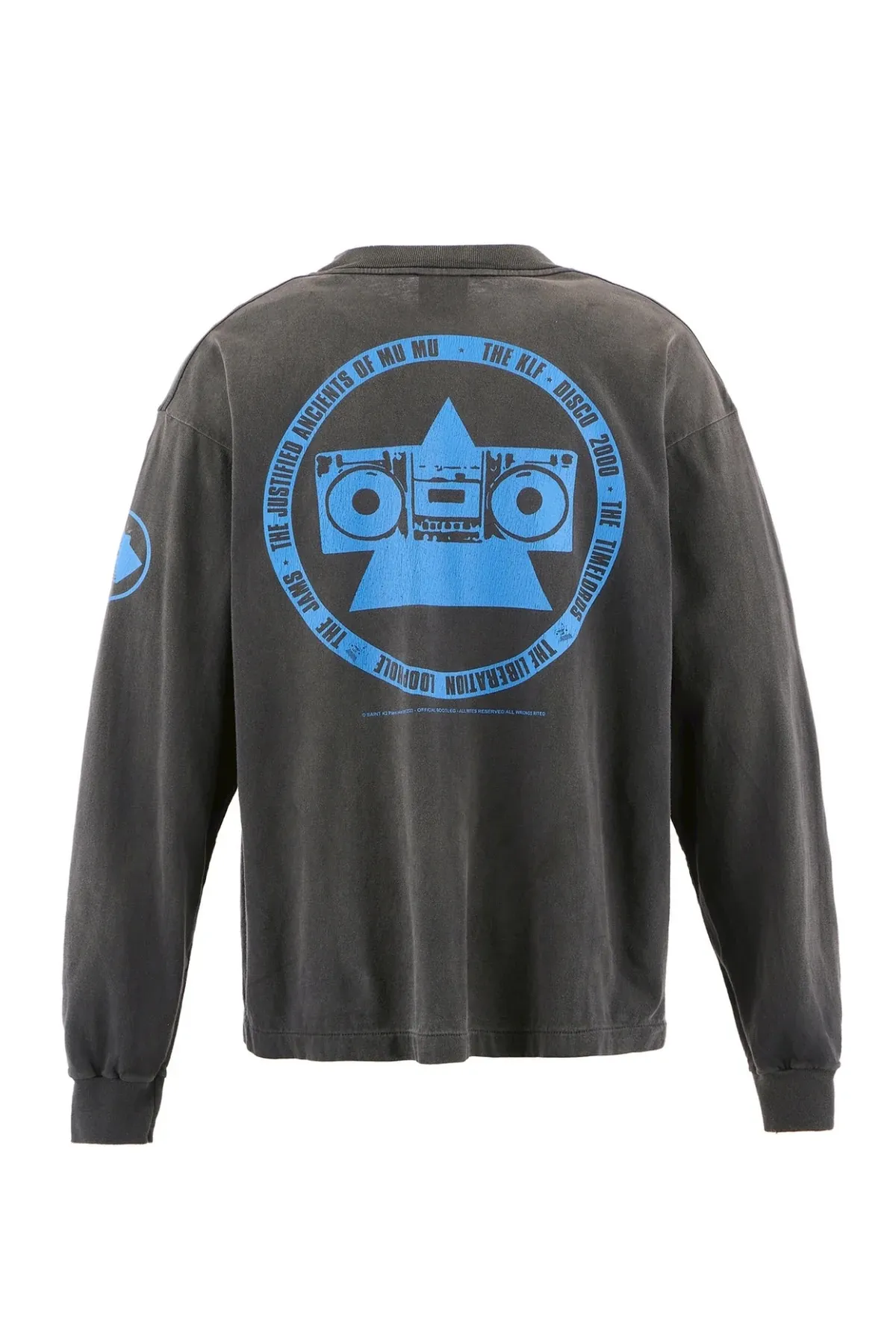 SAINT Mxxxxxx × The KLF BLUE KLF_LS TEE KLF/BLK Blue KLF tape recorder long sleeves Washed black S-XL Completely aligned Tube weaving fabric without side seams Garment dyeing Macau water fading and distressing Simulated sun washing and fading treatment Natural and perfect fading Hand-made holes and fraying Ink splashing treatment Correct main mark/wash mark/cherub anti-counterfeiting mark